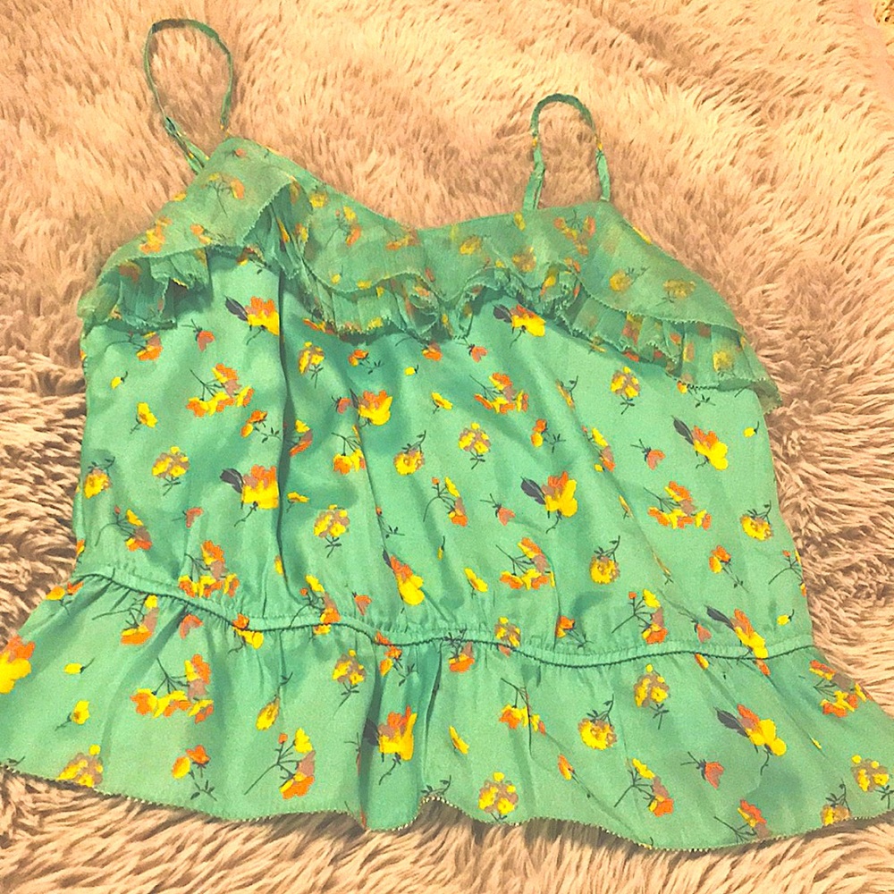 American Eagle mint green floral ruffle top.